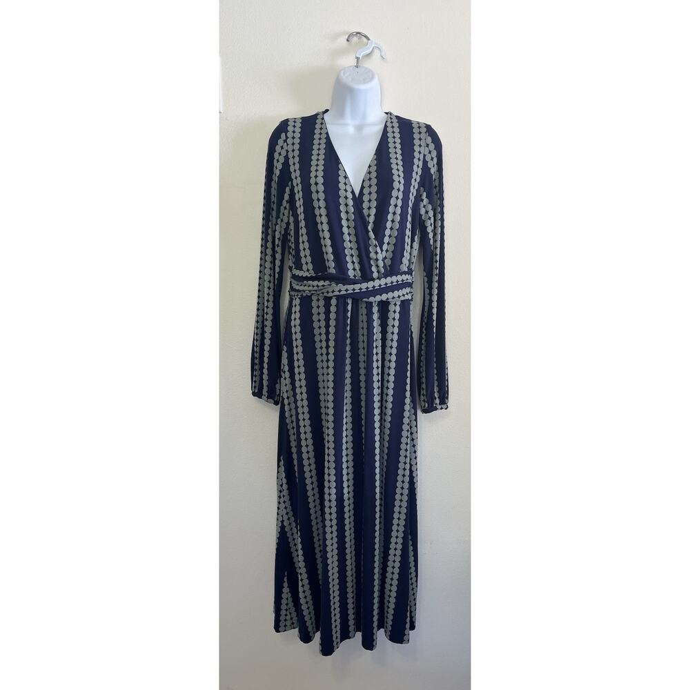 Boden Hayden Jersey Midi Dress Navy Blue Gray Stripe Dot Print Size US 8 - Picture 2 of 12